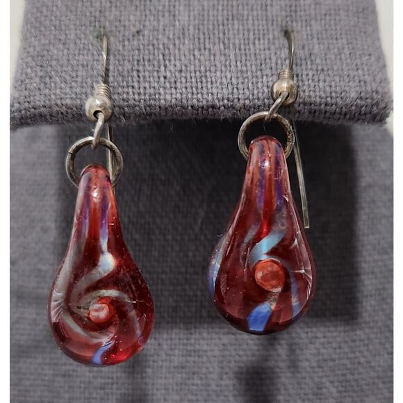 Red Blue Glass Teardrop Fish Hook Dangle Earrings Lightweight - Picture 1 of 4